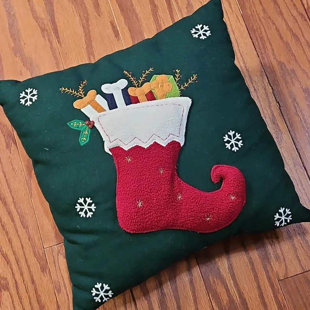 Vintage Christmas Pillow Green Red Stocking Dog Bones Couch Square